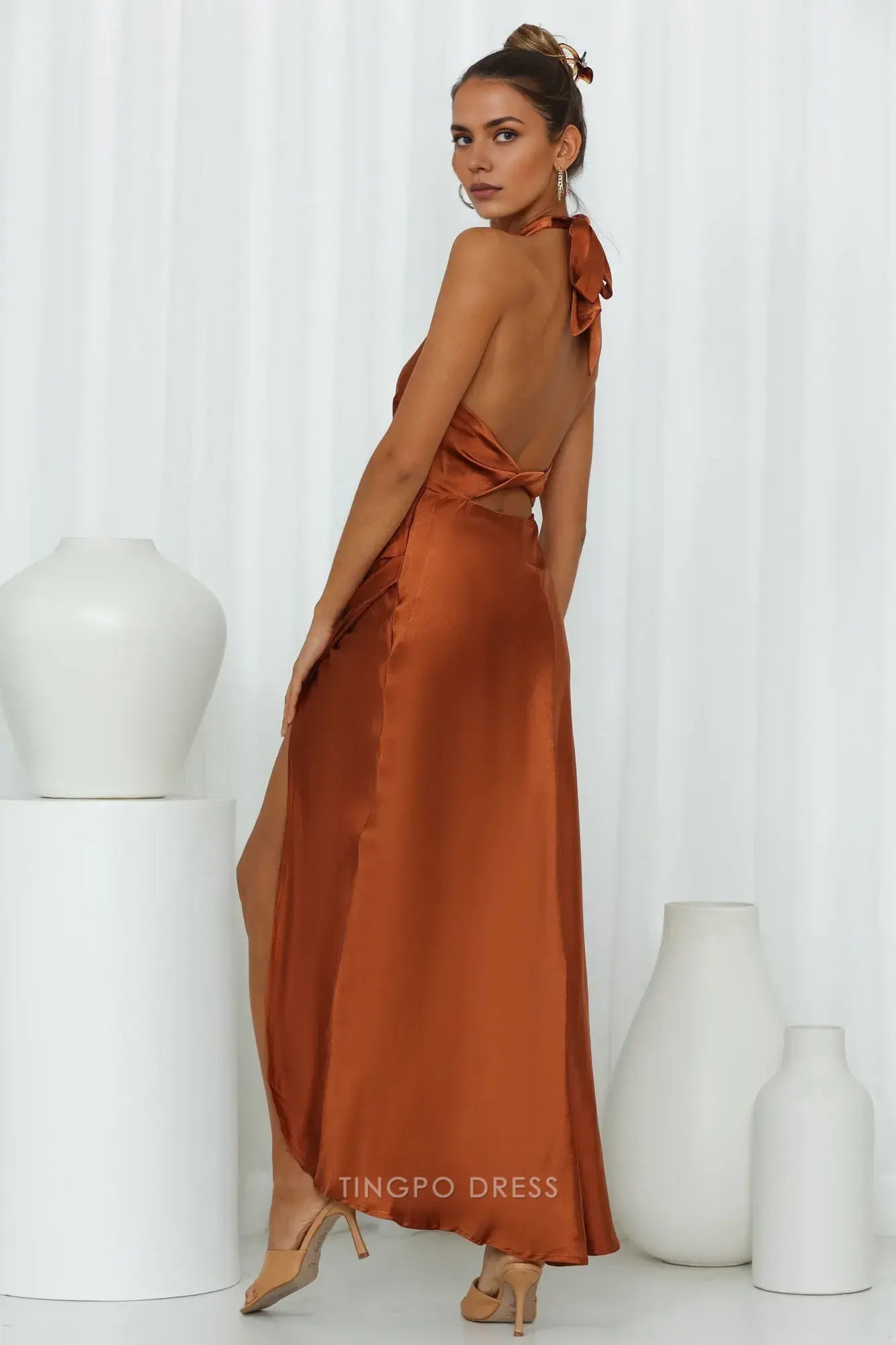 Satin Halter Neck Maxi Dress with High Slit Prom Dress